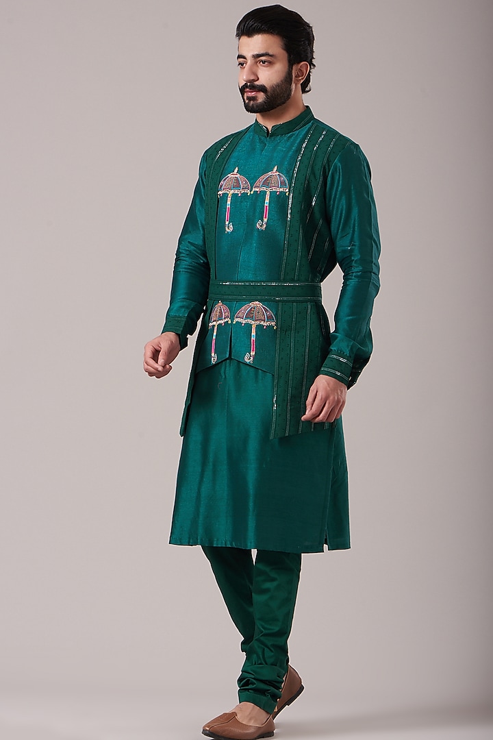 Teal Green Indowestern Set by Kudrat Couture