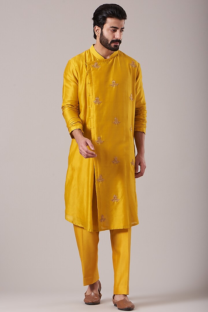 Mustard Embroidered Kurta Set by Kudrat Couture at Pernia's Pop Up Shop
