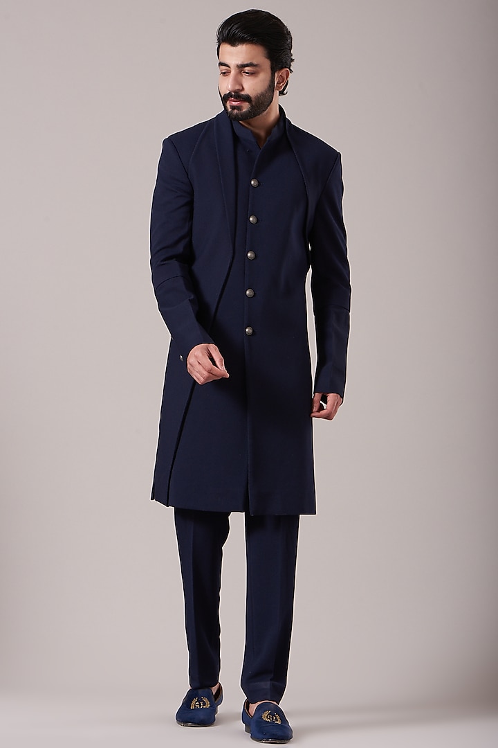 Dark Blue Indowestern Jacket Set by Kudrat Couture