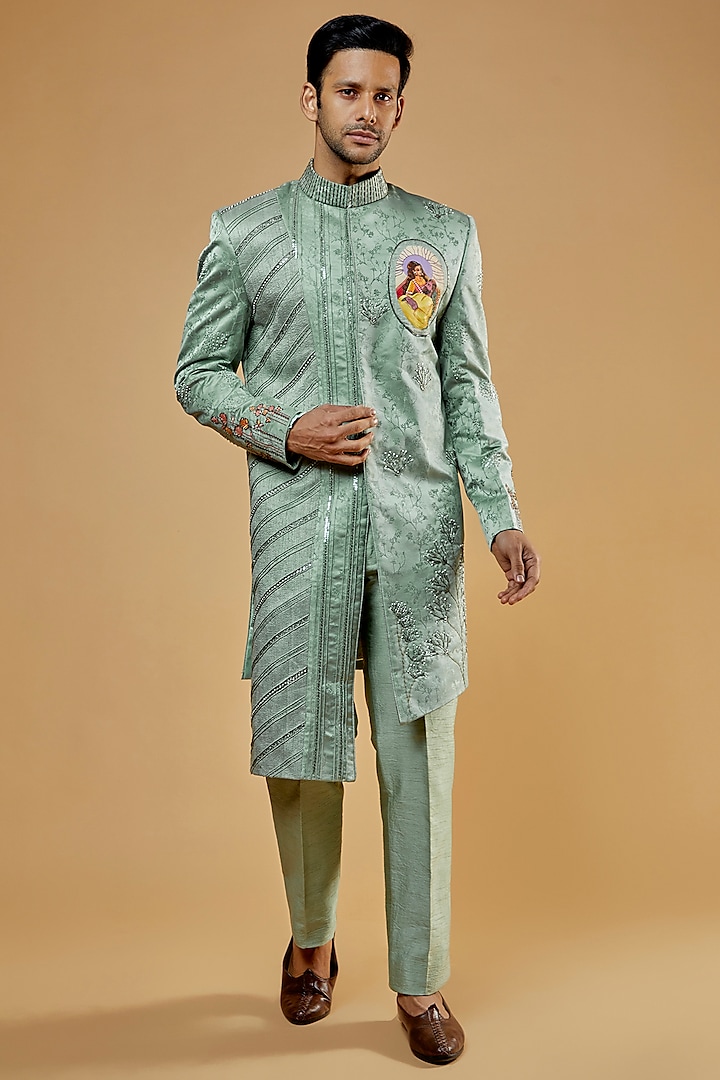 Sea Green Jacquard & Raw Silk Hand-Painted Cutdana Embroidered Indowestern Set by Kudrat Couture