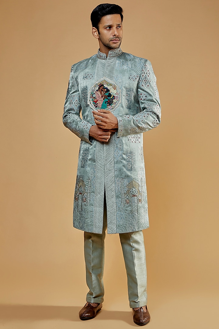 Teal Jacquard & Raw Silk Thread Embroidered Sherwani Set by Kudrat Couture