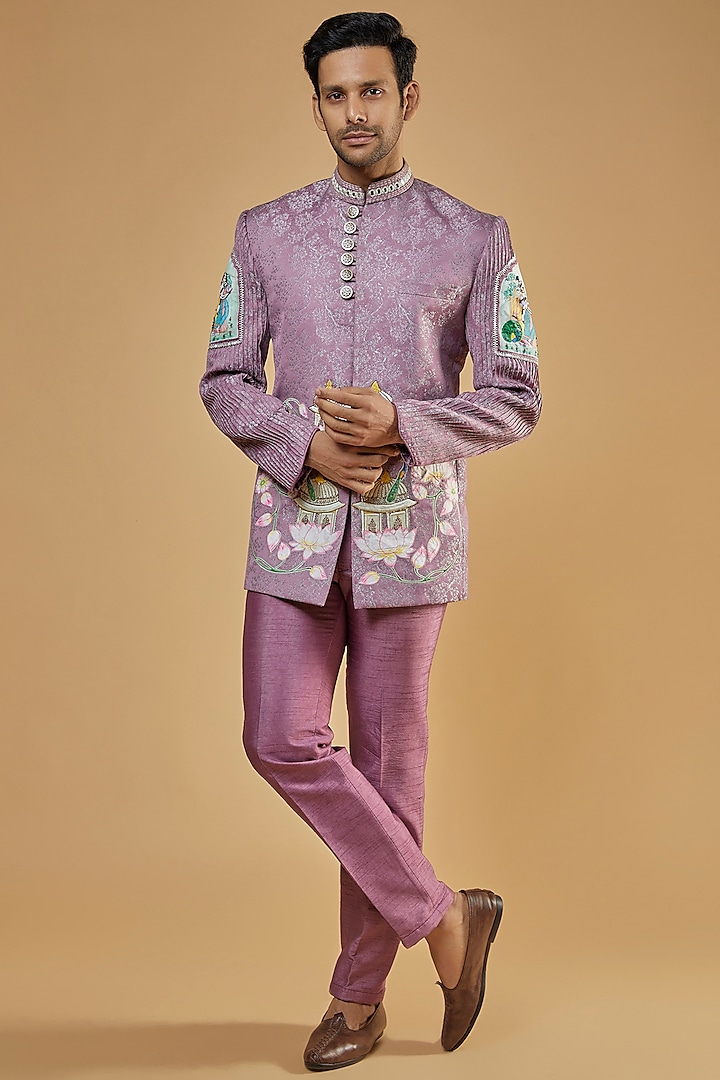 Purple Jacquard & Silk Zardosi Embroidered Bandhgala Set by Kudrat Couture