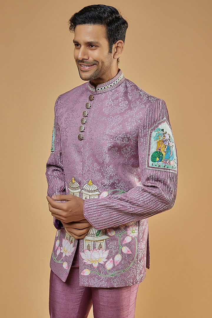 Purple Jacquard & Silk Zardosi Embroidered Wedding Bandhgala Set by Kudrat Couture at Pernia's Pop Up Shop