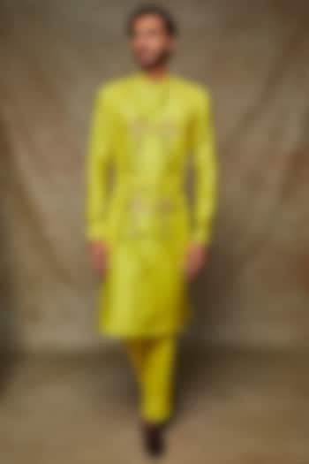 Neon Yellow Chanderi Silk & Raw Silk Embroidered Kurta Set by Kudrat Couture