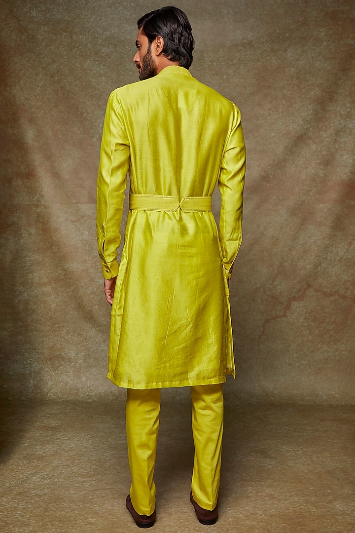 Neon Yellow Chanderi Silk & Raw Silk Embroidered Kurta Set by Kudrat Couture at Pernia's Pop Up Shop