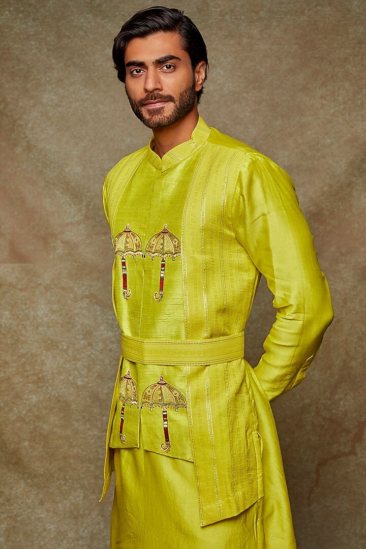 Neon Yellow Chanderi Silk & Raw Silk Embroidered Kurta Set by Kudrat Couture at Pernia's Pop Up Shop