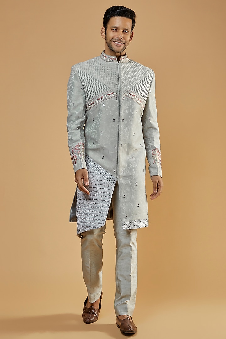 Grey Jacquard & Silk Embroidered Sherwani Set by Kudrat Couture