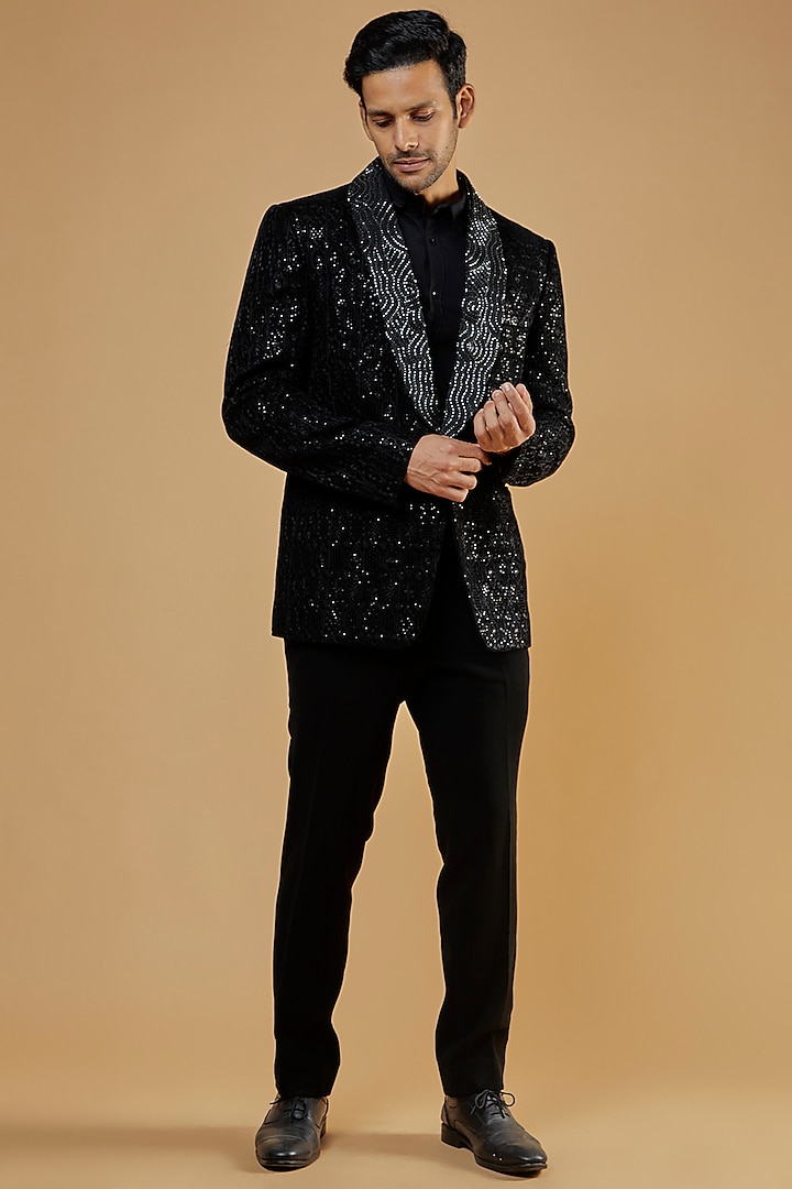 Black Velvet Embroidered Blazer Jacket by Kudrat Couture