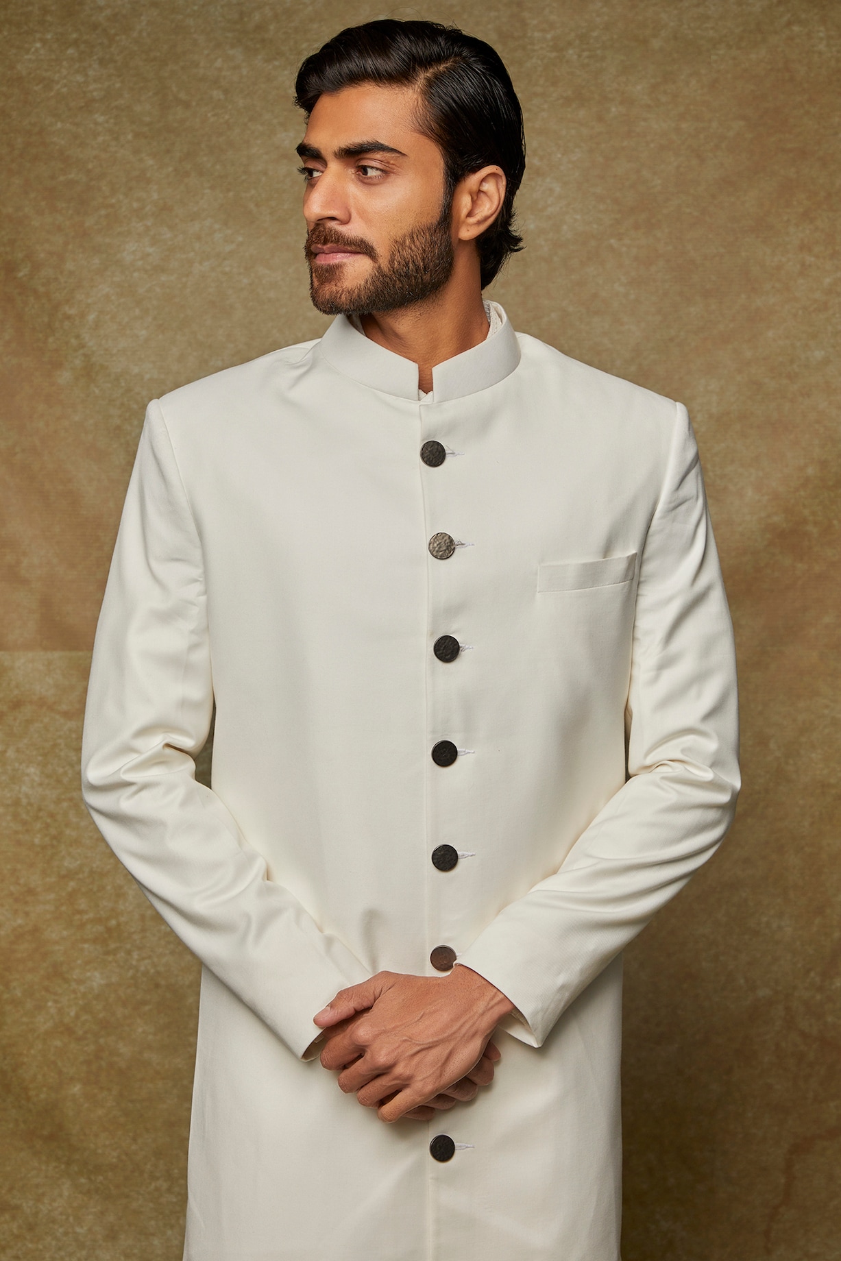 Milky White Cotton Viscose Sherwani Set by Kudrat Couture