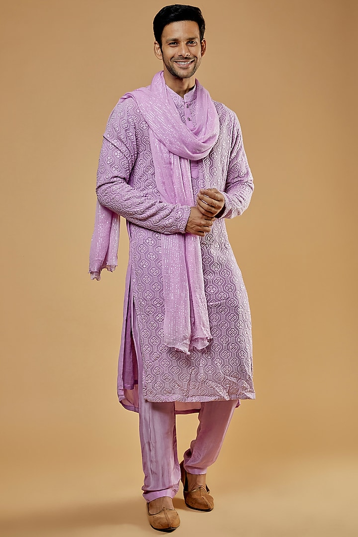 Lavender Lucknowi Kurta Set With Dupatta by Kudrat Couture