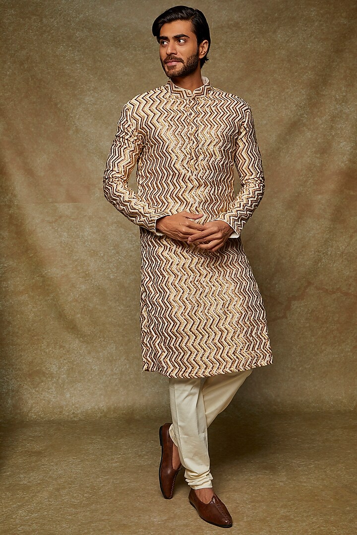 Nude Georgette Embroidered Kurta Set by Kudrat Couture