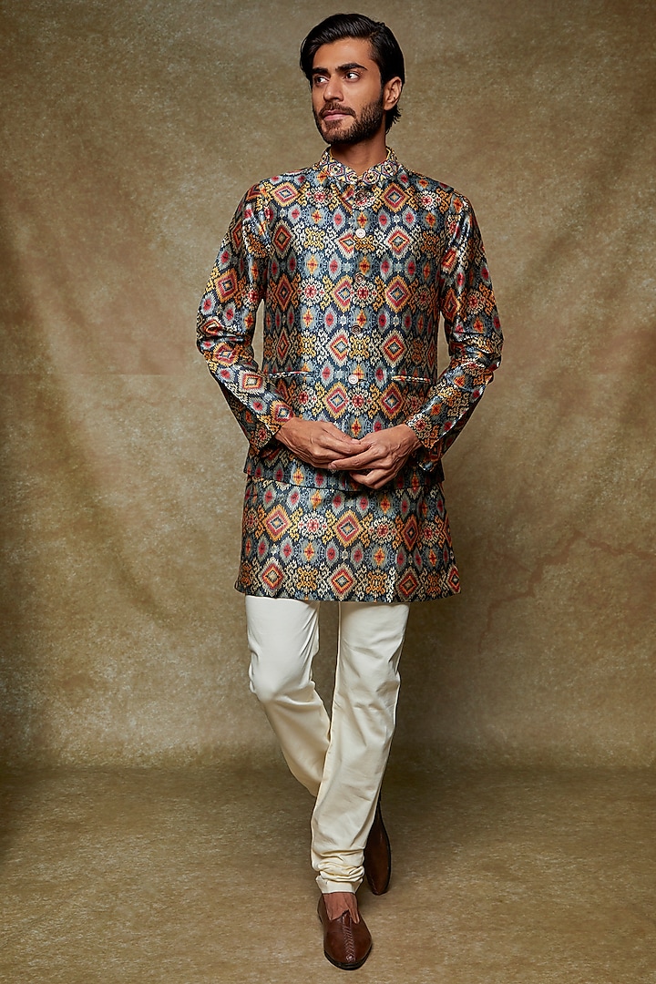 Blue Silk Printed & Embroidered Nehru Jacket With Kurta Set by Kudrat Couture