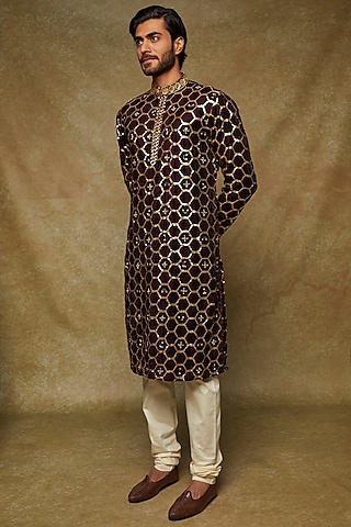 Purple Velvet Embroidered Kurta Set by Kudrat Couture