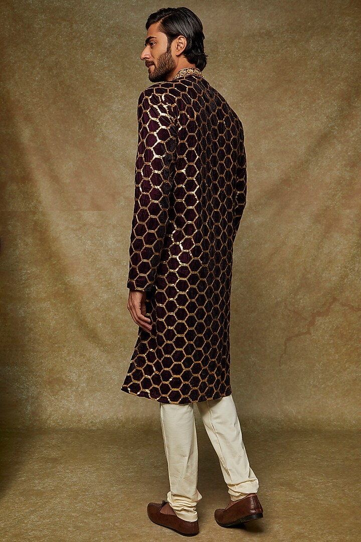 Purple Velvet Embroidered Kurta Set by Kudrat Couture at Pernia's Pop Up Shop