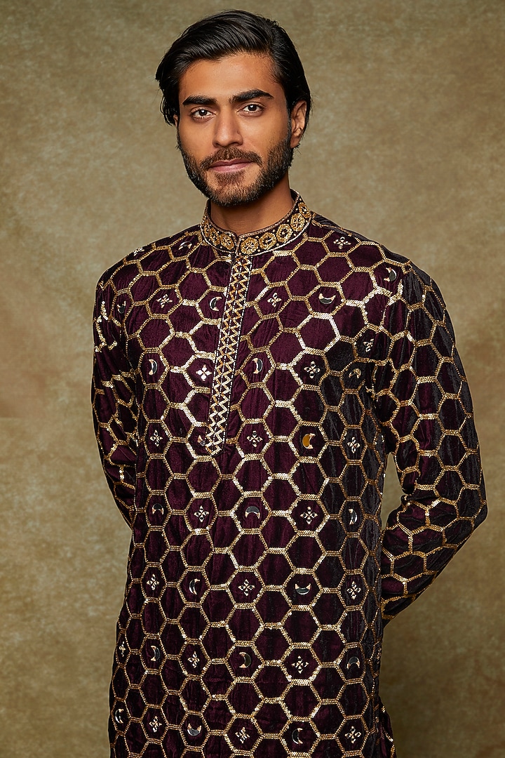 Purple Velvet Embroidered Kurta Set by Kudrat Couture at Pernia's Pop Up Shop
