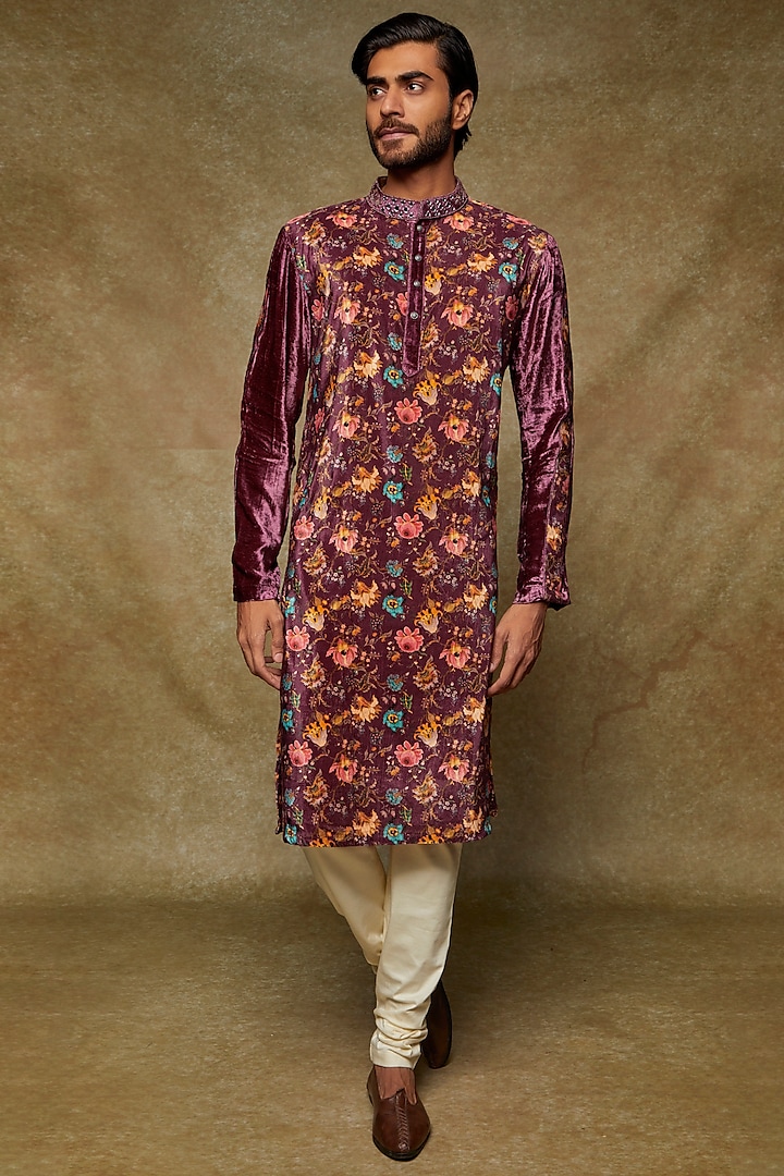 Purple Velvet Embroidered Kurta Set by Kudrat Couture