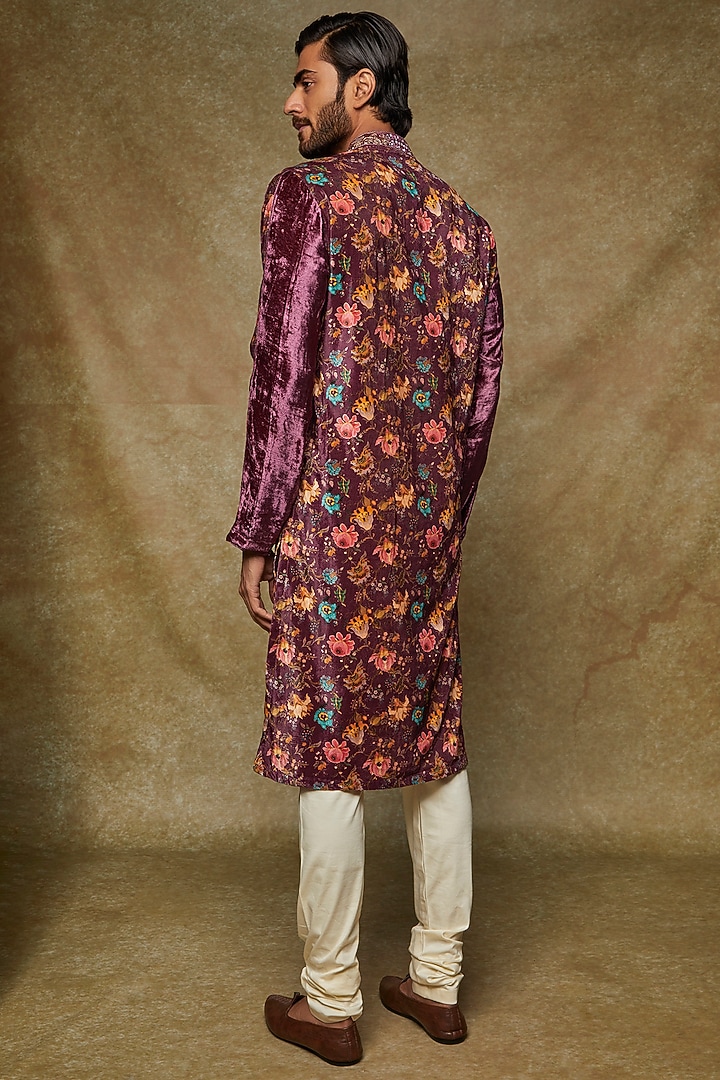 Purple Velvet Embroidered Kurta Set by Kudrat Couture at Pernia's Pop Up Shop