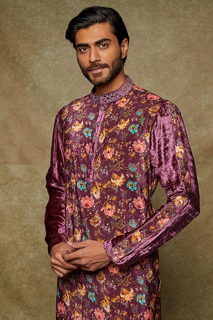 Purple Velvet Embroidered Kurta Set by Kudrat Couture at Pernia's Pop Up Shop