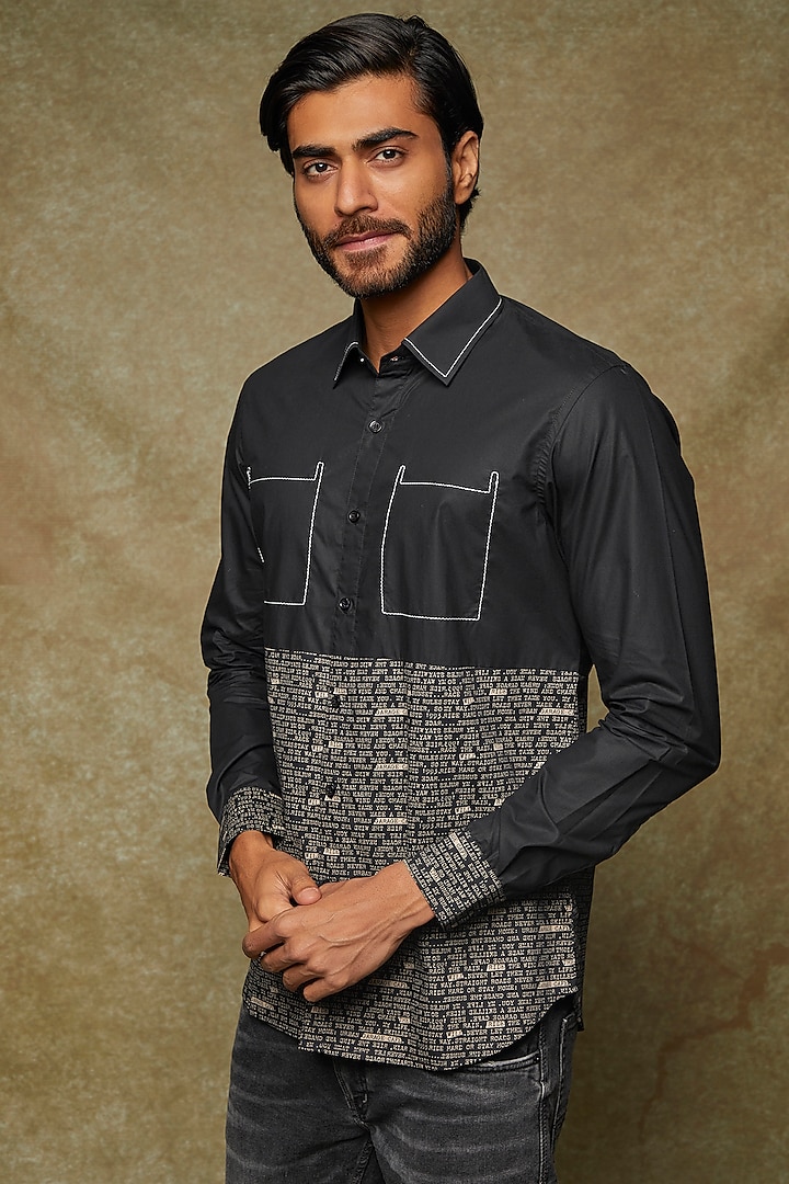 Black Premium Cotton Printed & Embroidered Shirt by Kudrat Couture