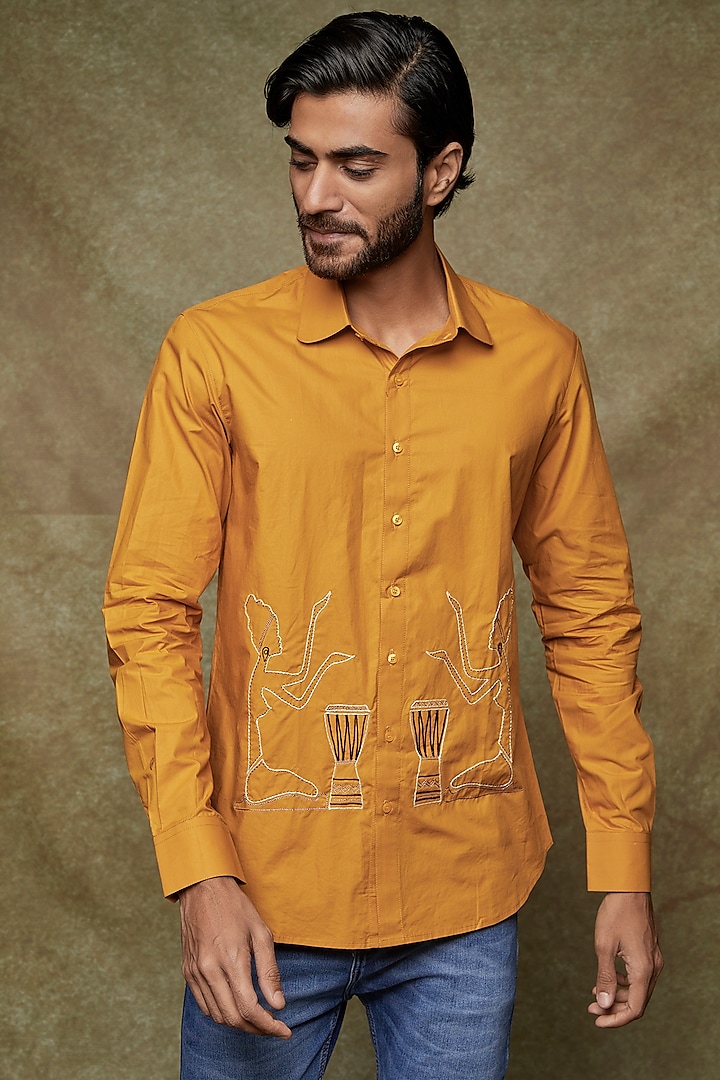 Mustard Cotton Embroidered & Printed Shirt by Kudrat Couture