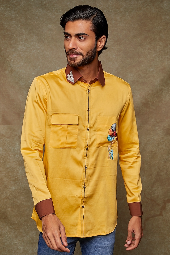 Yellow Cotton Astronaut Handpainted Shirt by Kudrat Couture