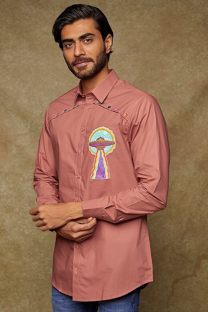 Coral Pink Premium Cotton Handpainted & Embroidered Shirt by Kudrat Couture