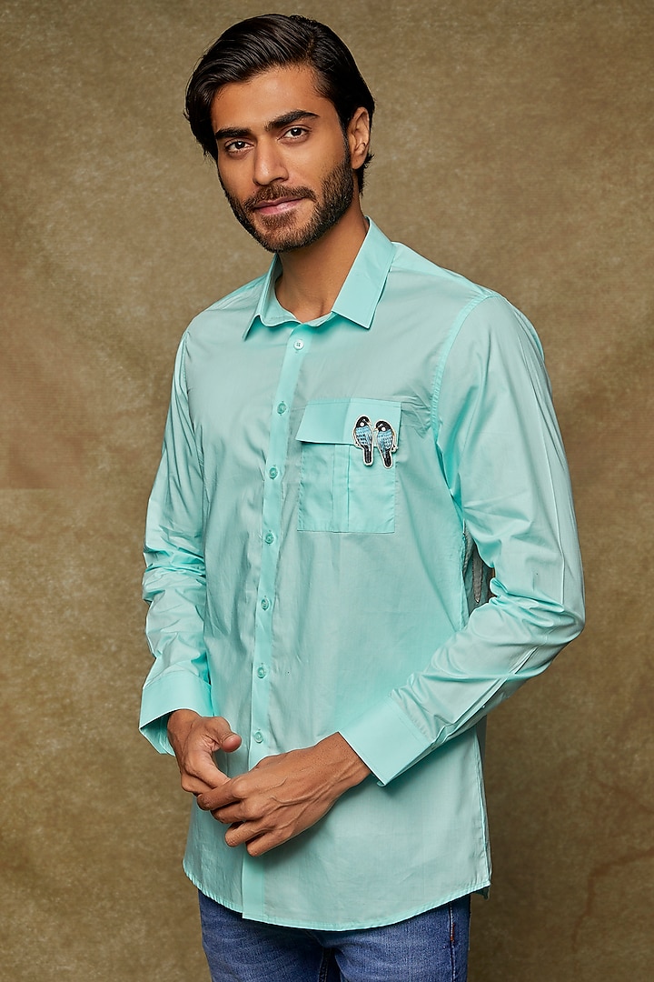 Sky Blue Pure Cotton Handpainted & Embroidered Shirt by Kudrat Couture