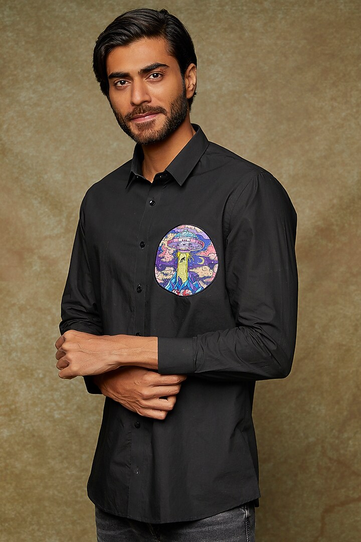 Black Cotton Printed Party Wear Shirt by Kudrat Couture at Pernia's Pop Up Shop