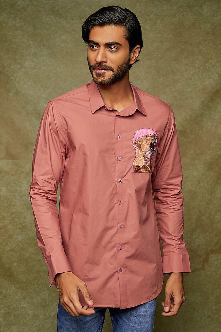 Coral Pink Pure Cotton Handpainted & Embroidered Shirt by Kudrat Couture