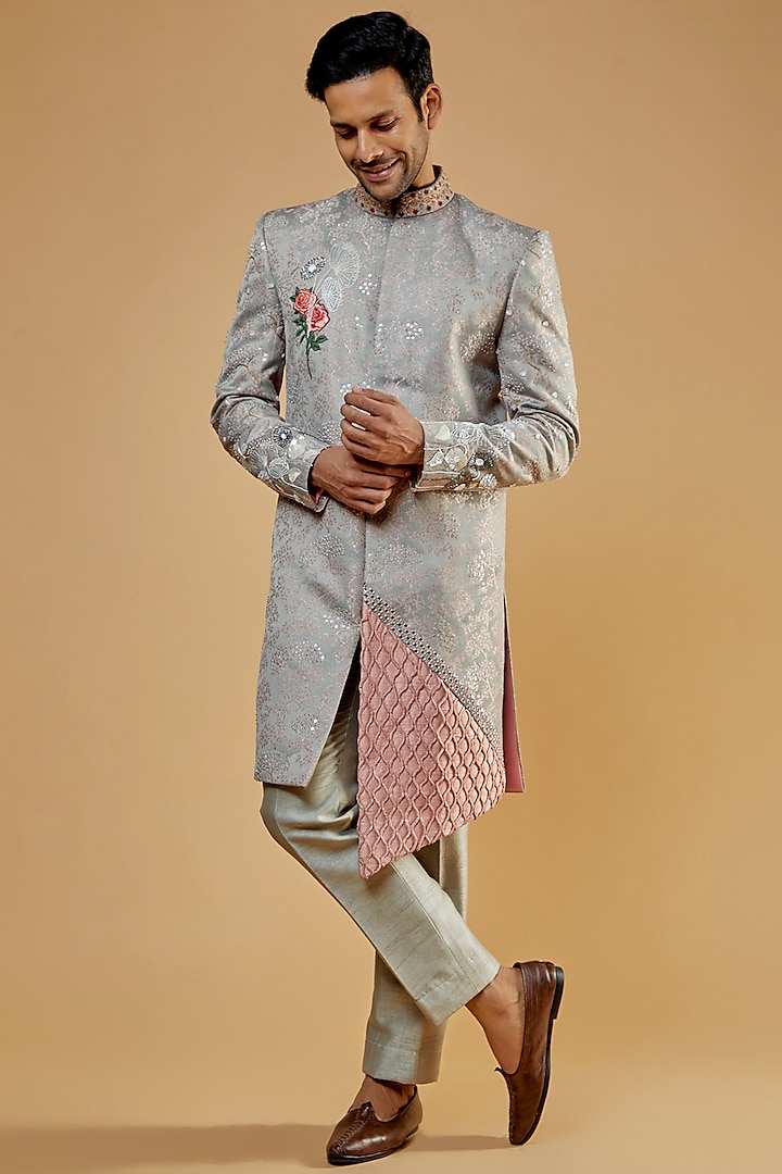 Grey Jacquard & Raw Silk Hand-Painted Zardosi Embroidered Indowestern Set by Kudrat Couture