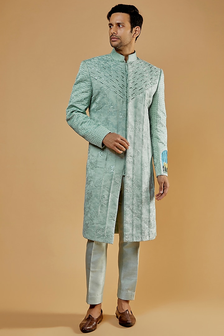 Teal Jacquard & Silk Embellished Sherwani Set by Kudrat Couture