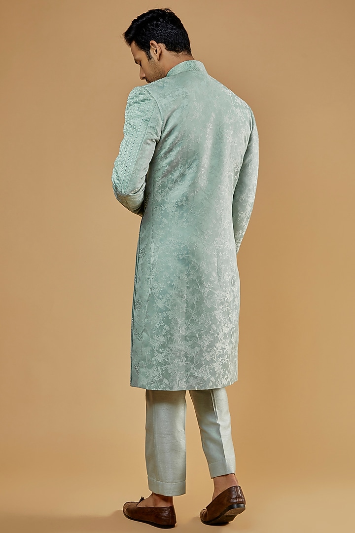 Teal Jacquard & Silk Embellished Wedding Sherwani Set by Kudrat Couture at Pernia's Pop Up Shop