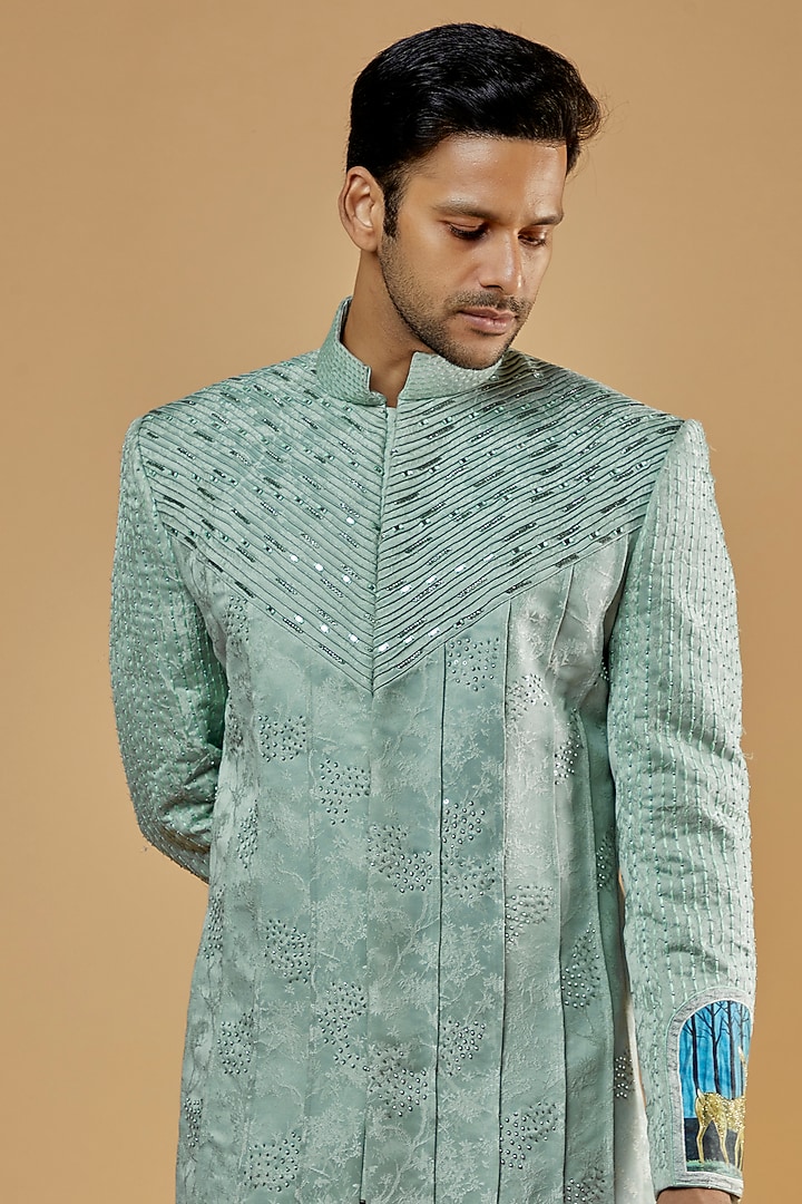 Teal Jacquard & Silk Embellished Wedding Sherwani Set by Kudrat Couture at Pernia's Pop Up Shop