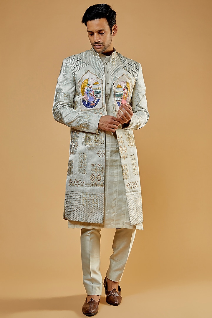 Silver Jacquard Thread Embroidered Sherwani Set by Kudrat Couture