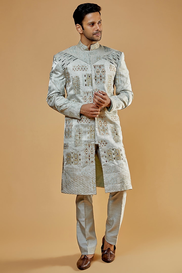 Silver Jacquard & Silk Embroidered Sherwani Set by Kudrat Couture