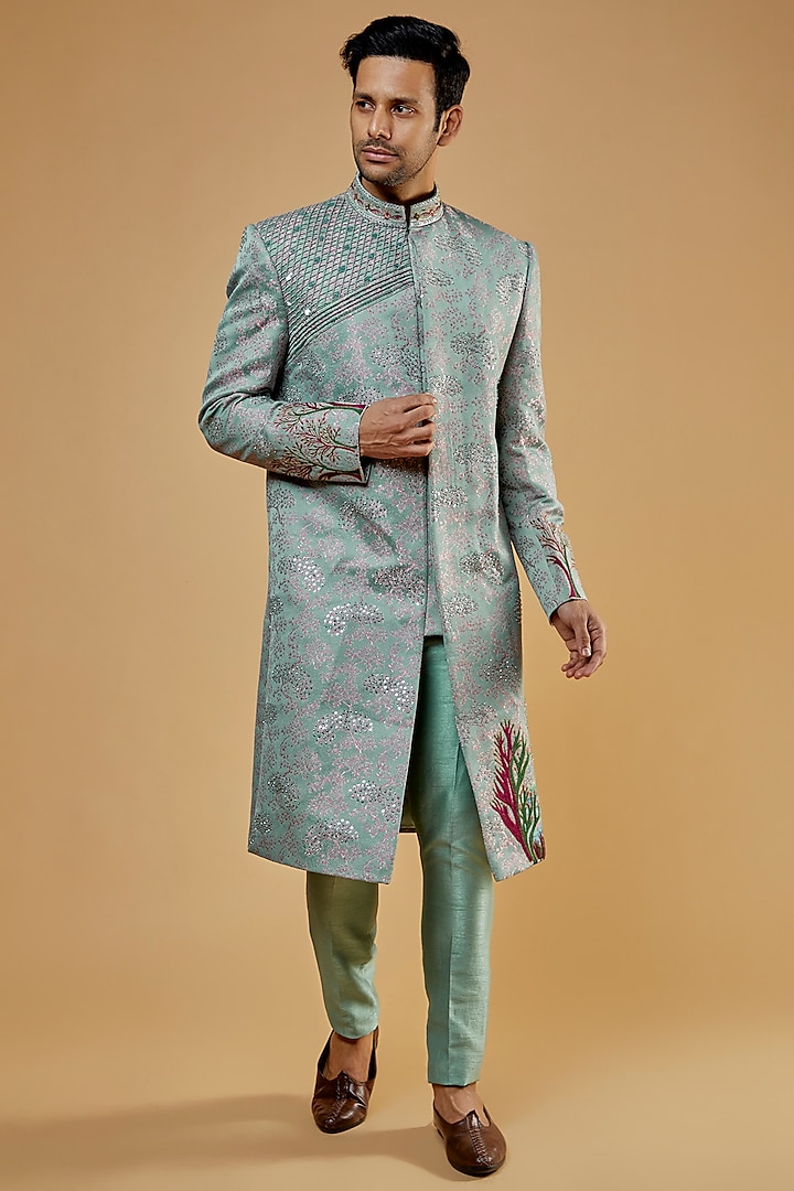 Teal Jacquard & Silk Embroidered Sherwani Set by Kudrat Couture