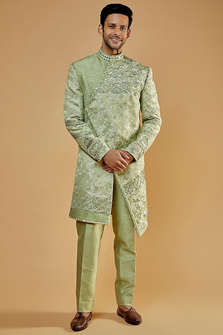 Mint Green Jacquard & Silk Motifs Embroidered Indowestern Set by Kudrat Couture