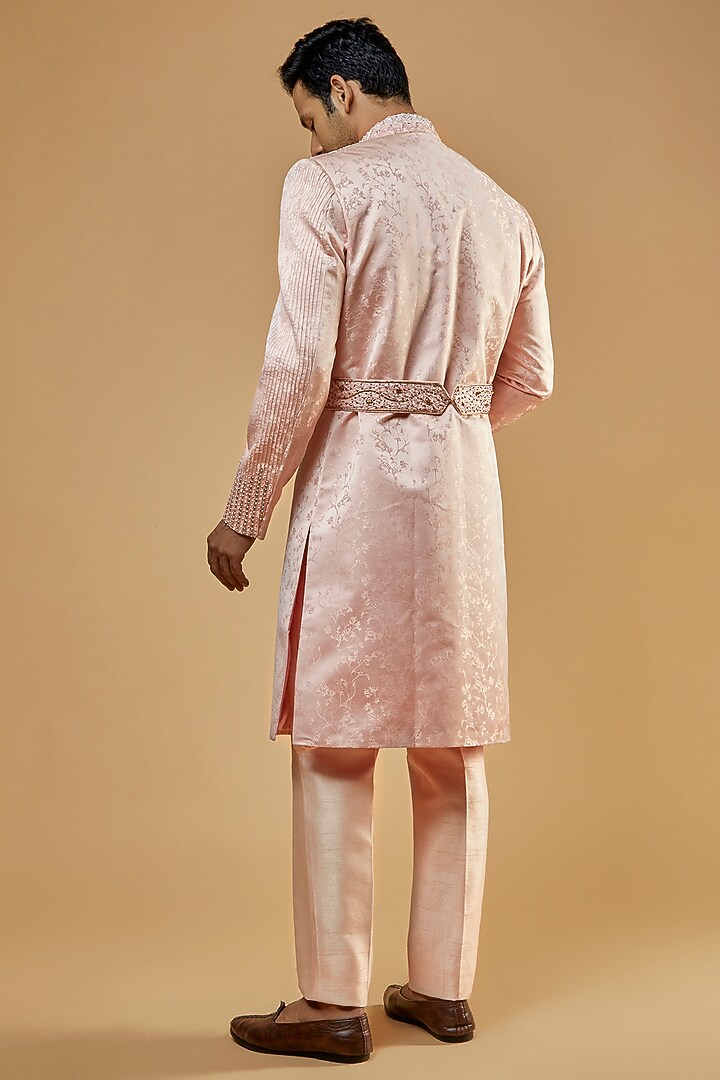 Baby Pink Jacquard & Silk Mukaish Embroidered Wedding Sherwani Set by Kudrat Couture at Pernia's Pop Up Shop