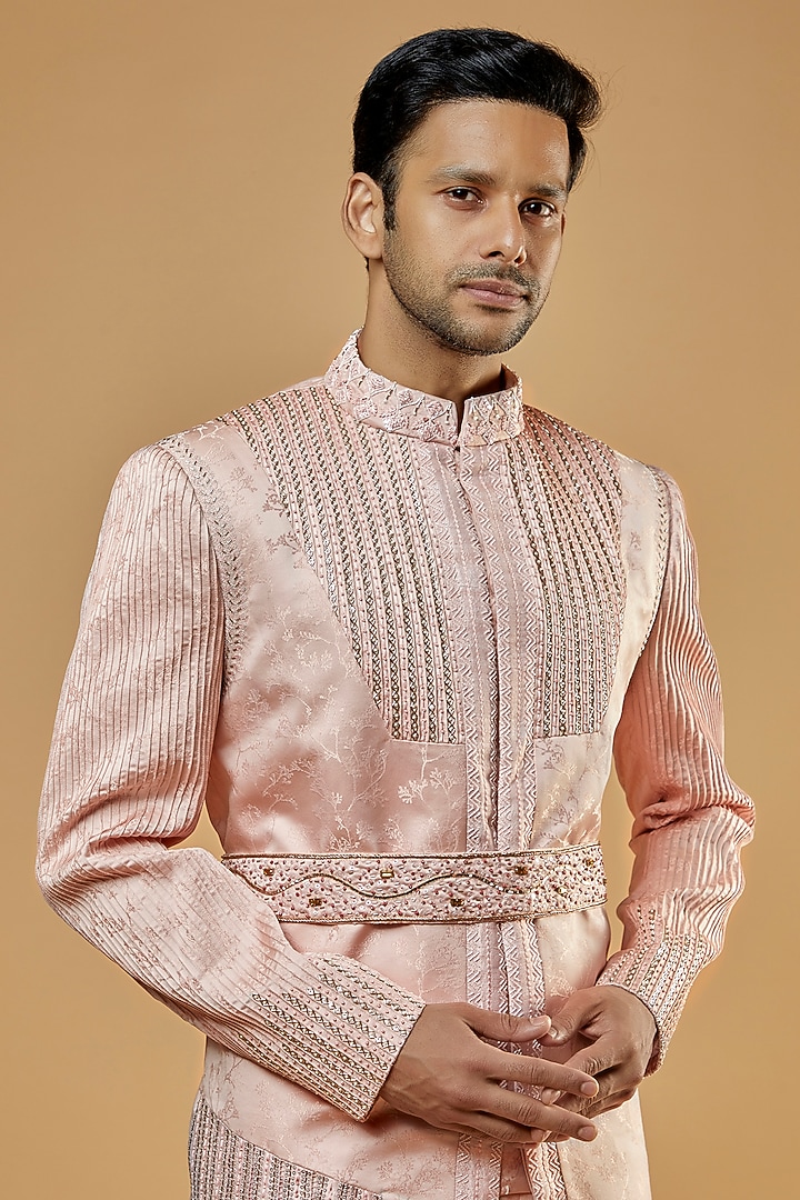 Baby Pink Jacquard & Silk Mukaish Embroidered Wedding Sherwani Set by Kudrat Couture at Pernia's Pop Up Shop