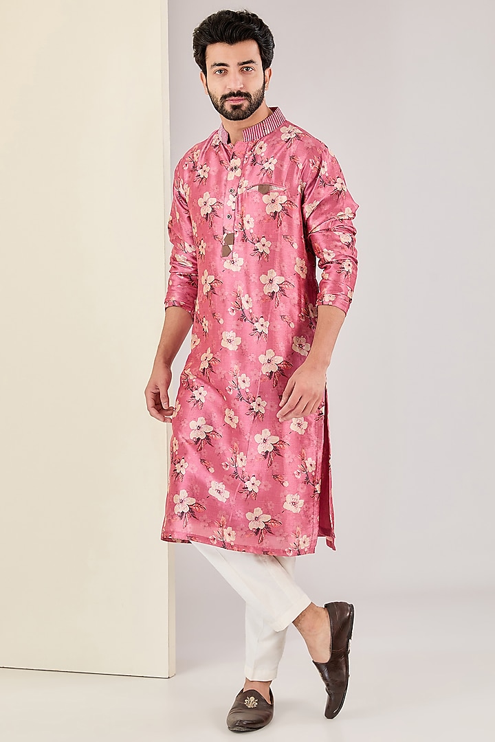 Pink Silk Floral Printed & Zari Embroidered Kurta Set by Kudrat Couture