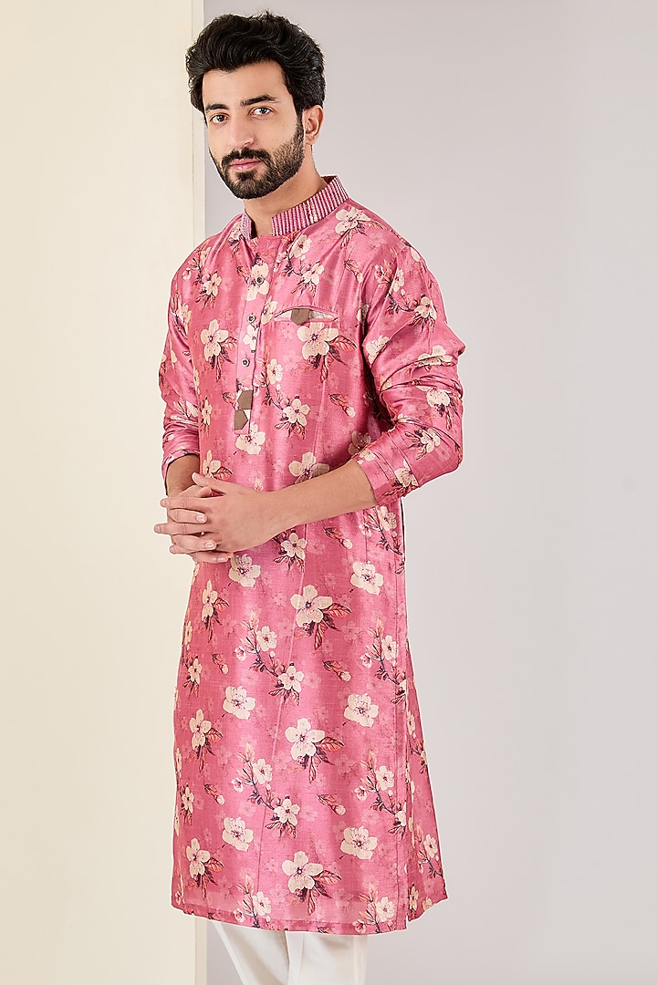 Pink Silk Floral Printed & Zari Embroidered Kurta Set by Kudrat Couture at Pernia's Pop Up Shop