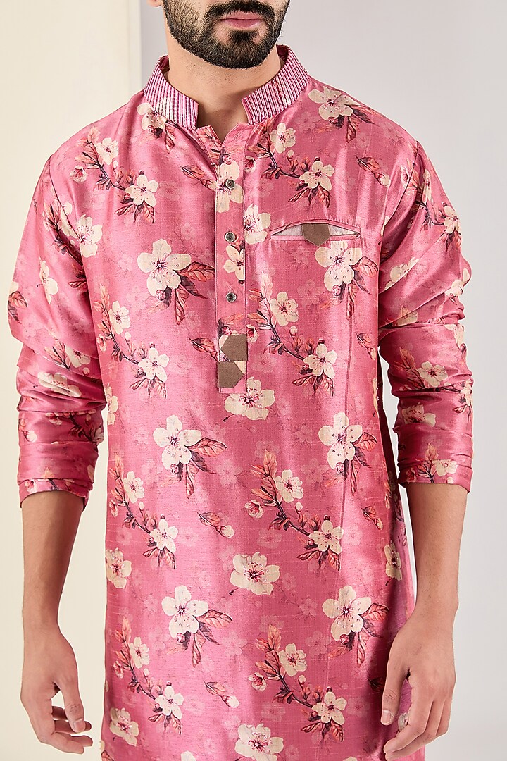 Pink Silk Floral Printed & Zari Embroidered Kurta Set by Kudrat Couture at Pernia's Pop Up Shop