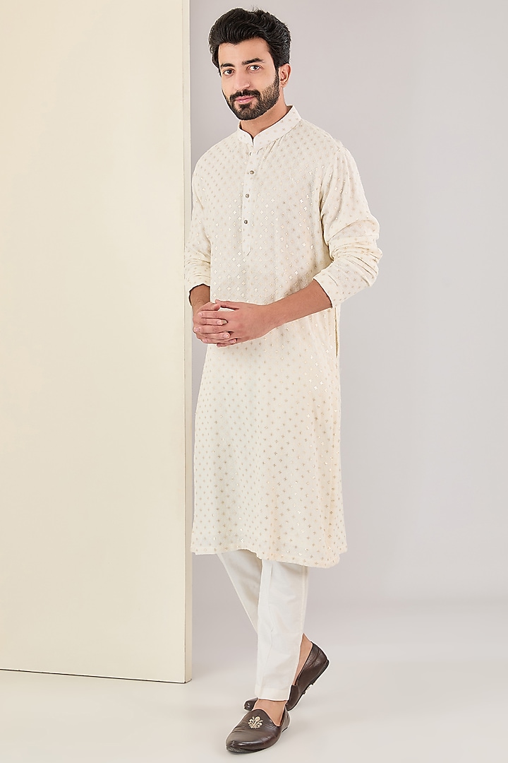 Ivory Georgette Lucknowi Kurta Set by Kudrat Couture