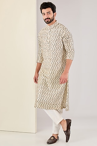 Ivory Georgette Sequins Embroidered Kurta Set by Kudrat Couture