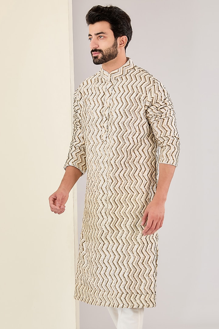Ivory Georgette Sequins Embroidered Kurta Set by Kudrat Couture at Pernia's Pop Up Shop