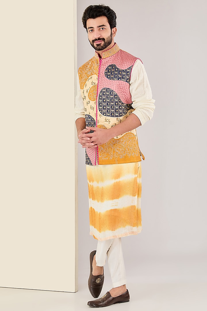 Yellow Georgette & Silk Aari Embroidered Bundi Jacket Set by Kudrat Couture