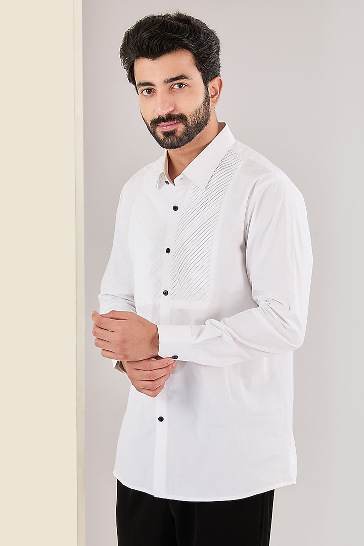 White Premium Cotton Striped Party Wear Shirt by Kudrat Couture at Pernia's Pop Up Shop