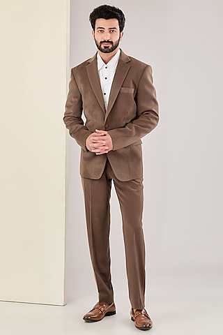 Brown Corduroy Italian Fabric Thread Embroidered Suit Set by