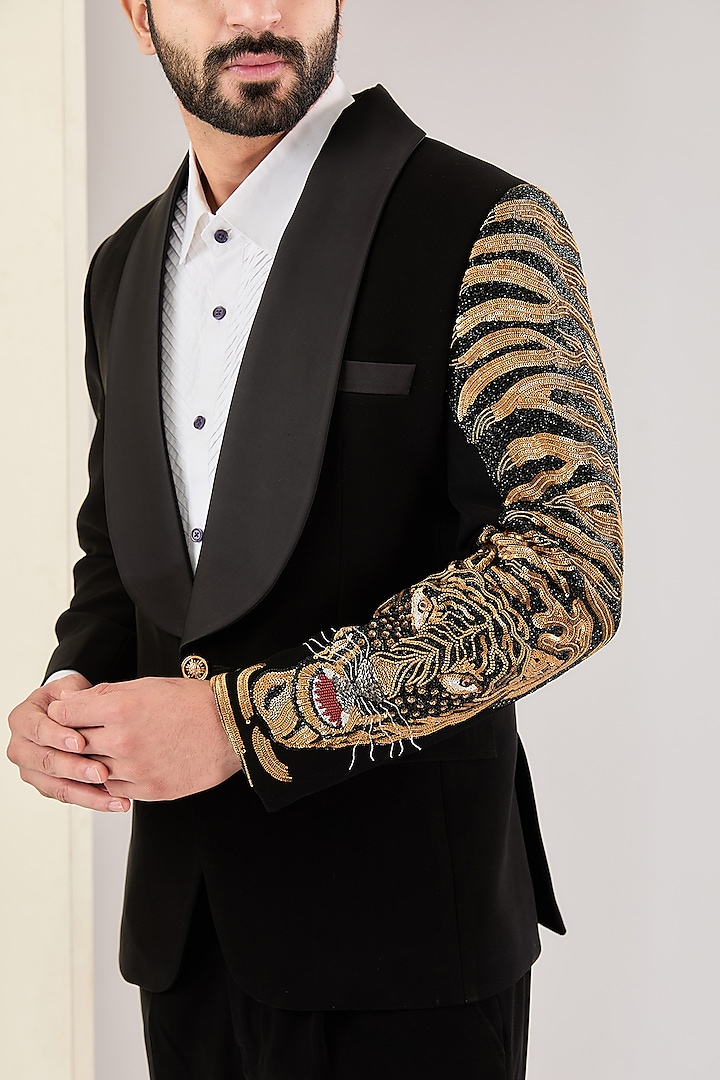 Black Italian Fabric Hand Embroidered Suit Set by Kudrat Couture at Pernia's Pop Up Shop