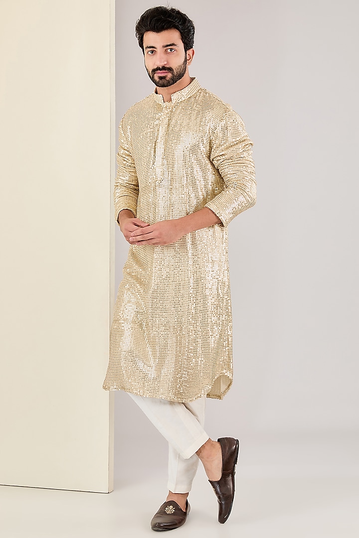 Gold Georgette Sequins Embroidered Kurta Set by Kudrat Couture